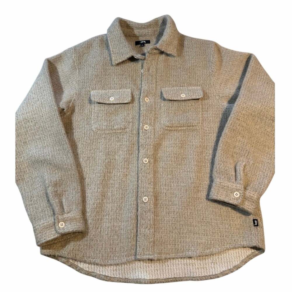 Stussy Speckled Wool CPO Shirt Jacket Textured Overshirt Heather Gray Large